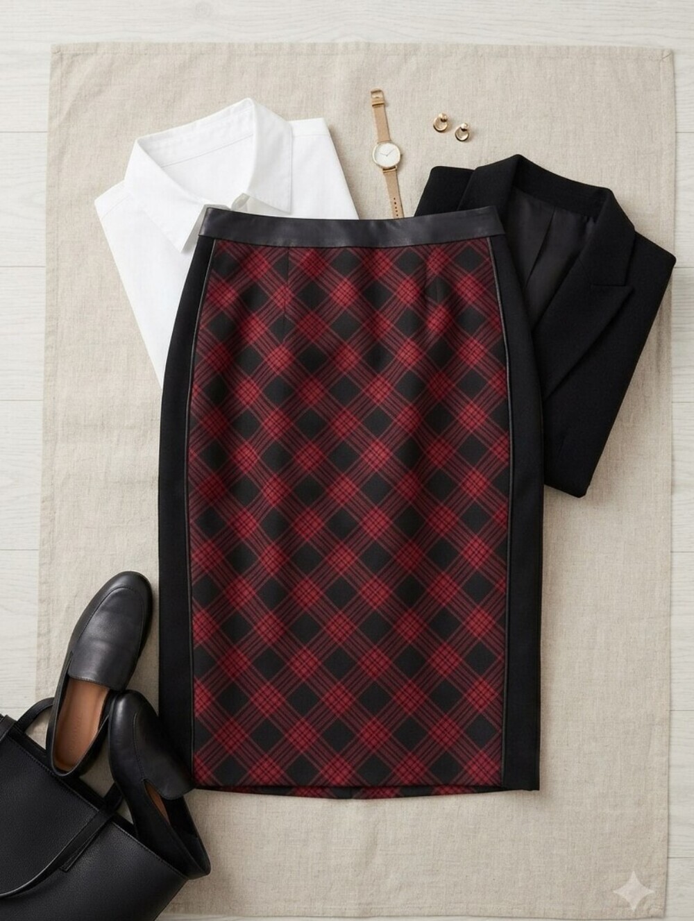 The Limited Black Red Plaid With Faux Leather Trim Pencil Skirt